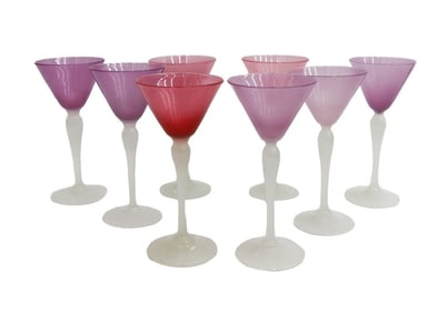 8 Stevens  Williams Rosaline Pink Alabaster White Stem Flared Wine Glasses c1910