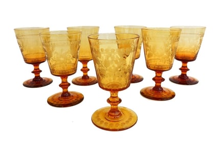7 Bohemian Amber Cut Glass Wine Goblets Floral Design circa 1930