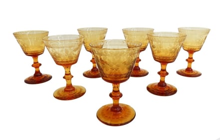 7 Bohemian Amber Cut Glass Claret Wine Goblets Floral Design circa 1930