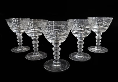 5 Hawkes Cut Glass Small Cocktail Goblets in Le Moderne Scalloped Bowl