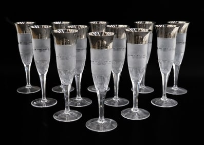 12 Moser Czech Cut Crystal Glass Champagne Flute Goblets in Platinum Splendid