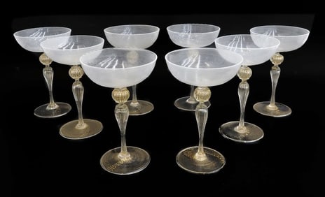 8 Salviati Glass White Striped and Gold Fleck Champagne Saucers