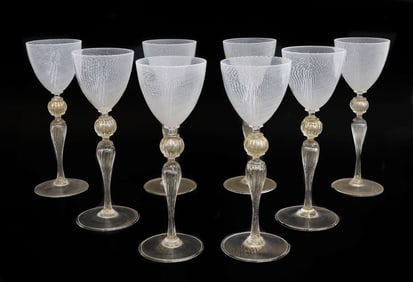 8 Salviati Glass White Striped and Gold Fleck Wine Goblets