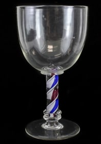 Italian Art Glass Goblet, circa 1940. Red White and Blue Twisted Stem