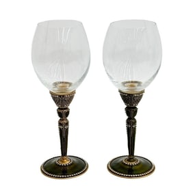 Pair Edgar Berebi Enameled & Jeweled Stemware Wine Glasses St Petersburg Green
