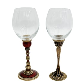 Pair Edgar Berebi Enameled & Jeweled Stemware Wine Glasses Geneva & St Moritz