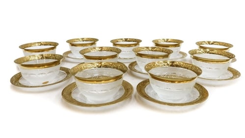 11 Moser Czech Cut Crystal Glass Finger Bowls and Underplates Gold Splendid