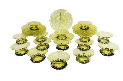 14 Salviati Speckled Yellow Glass Applied Floral Berry Bowl and Underplate c1960