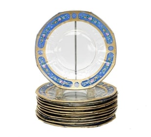 11 Bohemian Gilt Glass Dessert Plates Blue & Florals circa 1920