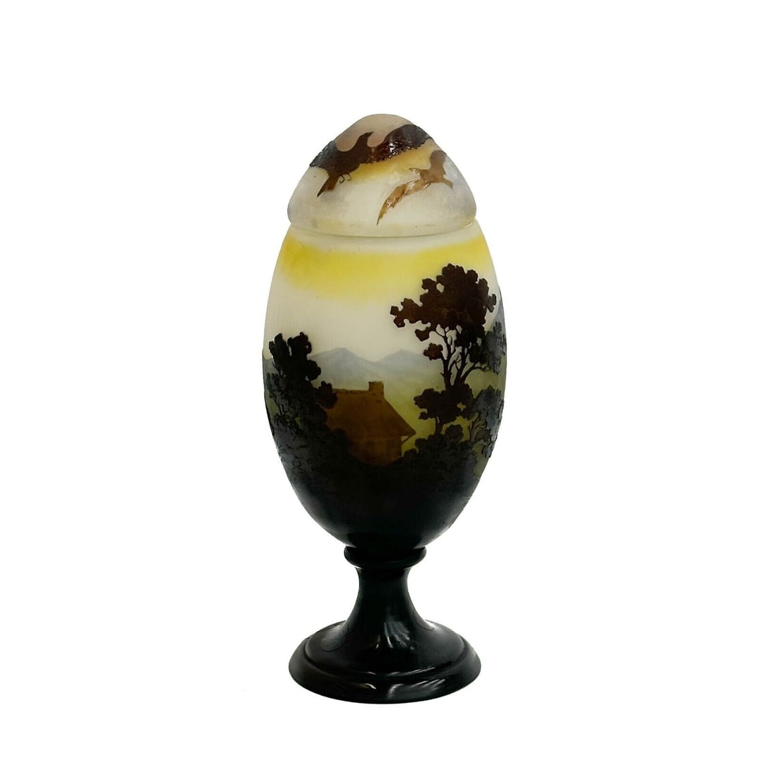 Emile Galle Acid Etched Cameo Scenic Hawks Art Glass Vase and Cover Signed (1 of 7)