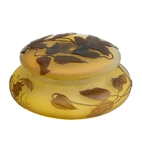 Emile Galle Cameo Art Glass Powder Box Yellow & Brown circa 1900