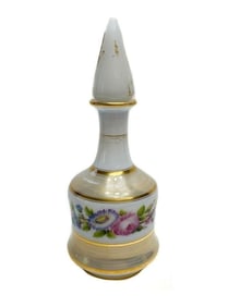 Opaline Hand Painted Floral Decanter with Gilt Decorations & Pointed Stopper