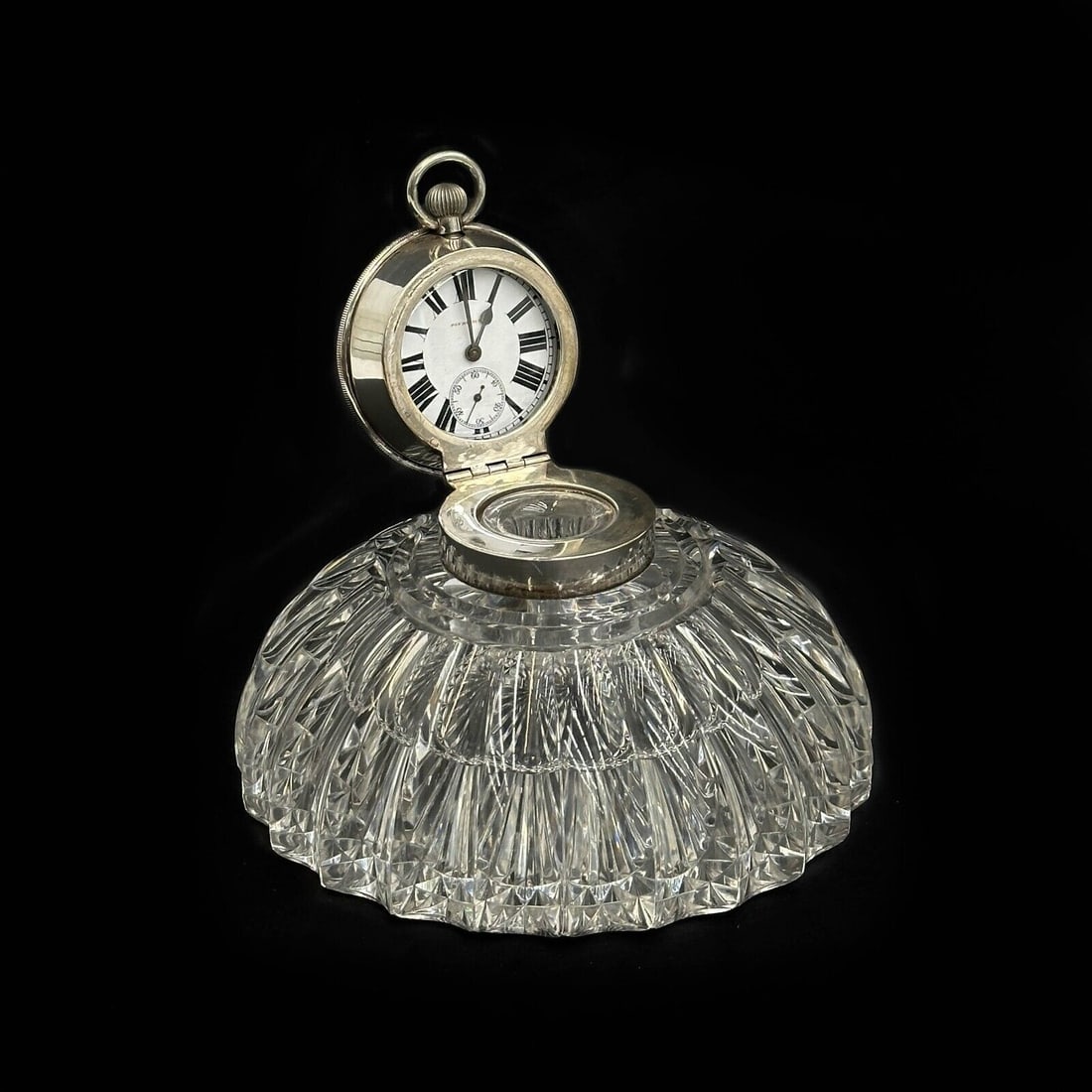 John Grinsell & Sons English Sterling Silver & Cut Glass Clock Inkwell 1903 (1 of 9)