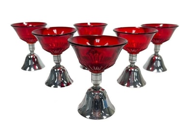 6 Industrialist Chrome Cranberry Art Glass Cocktail Goblets Bells Novelty