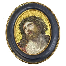 Venetian Italy Mosaic Plaque Jesus Christ Crown of Thorns Gold Tesserae c 1900