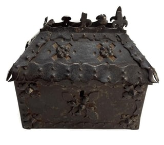 Victorian Gothic Revival Patinated Iron-mounted Oak Casket, 19th Century