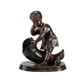 Continental Patinated Bronze Figurine, 19th Century. Girl Smelling Boot