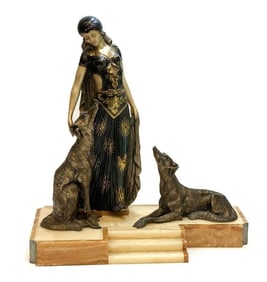 Georges Van De Voorde Art Deco Patinated & Silvered Sculpture of Maiden & Borzoi