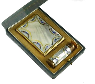 Noailles Paris Compact and Atomizer Set c1920s - Nacre, Enamel Flowers