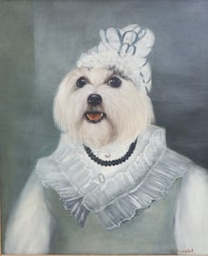 Thierry Poncelet Oil on Canvas Anthropomorphic Portrait of a Maltese Dog Signed