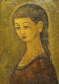 Jean Lareuse (French 1925) Oil Painting Portrait Of Braided Hair Woman