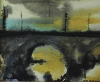 Thomas Zarraonandia (American 20th Century) Watercolor Painting Misty Bridge