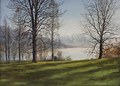 Alfred Fritzsching (German, 1935-?) Oil Painting, Landscape w/ lake, trees