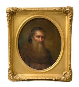 Large Oil on Canvas Portrait Painting of a Monk. Gilt Wood Frame, 19th Century