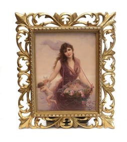 Very Fine KPM Porcelain Plaque Beauty Collecting Cherubs, c1890. signed Walther