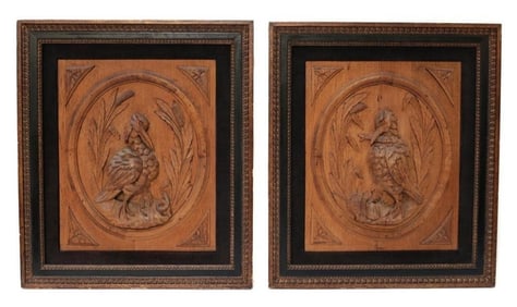 Pair of wood carved bird relief plaques