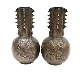 French Japonisme Silvered Bronze & Copper Vases