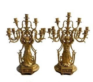Exquisite Pair of French Gilt Bronze 9 Arm Figural Candelabras, Napoleon III
