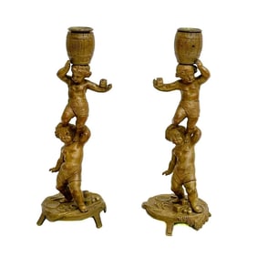 Pair Figural Gilt Bronze Candlestick Holders by Mathurin Moreau 19th century