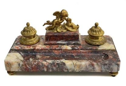 French Gilt Bronze and Red Marble Cherub with Dog Inkwell Pen Stand, 19th Cent.