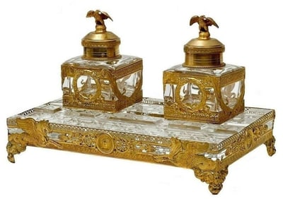 French Vermeil & Baccarat Cut Glass Inkstand with Eagle Finials c1850