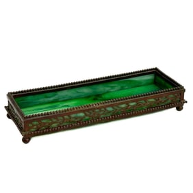 Tiffany Studios Patinated Bronze & Green Slag Glass Pen Tray #1002 circa 1900