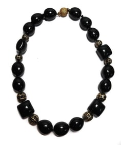 18k Yellow Gold Onyx and Nephrite and Yellow and Black Diamond Beaded Necklace