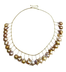18k Yellow Gold Baroque Cultured Pearl Fringe Collar Necklace