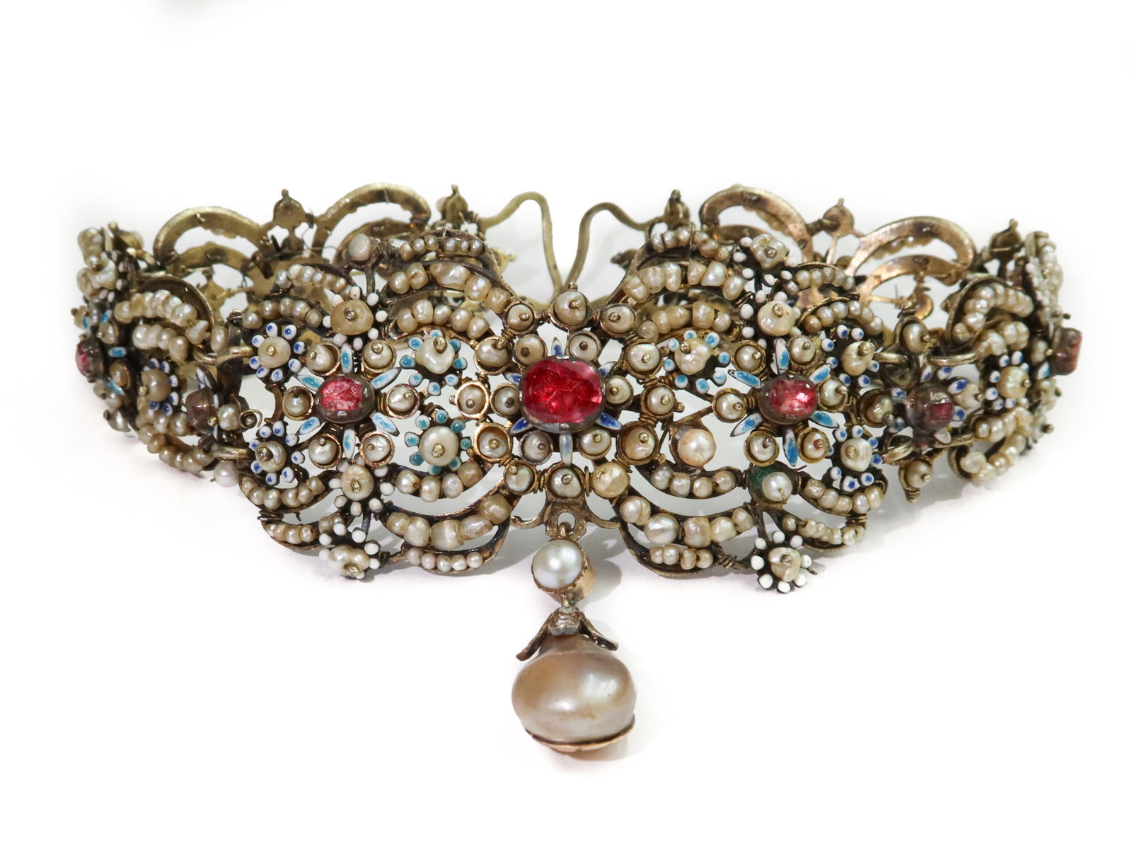 14k Yellow Gold Diamond Pink Tourmaline Enamel and  Seed Pearl Choker Necklace (1 of 4)