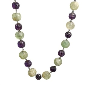 14k yellow gold green and purple graduaded jade beaded necklace.