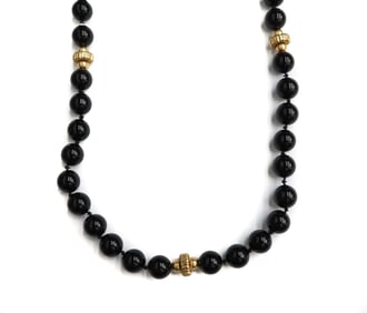 14k Yellow Gold Black Onyx Beaded Single Strand Necklace