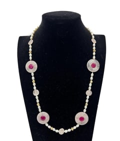 WF 14k Yellow Gold Freshwater Pearl and Rose Quartz Necklace