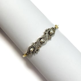 14k Yellow Gold Diamond and Cultured Pearl Cuff Bangle Bracelet