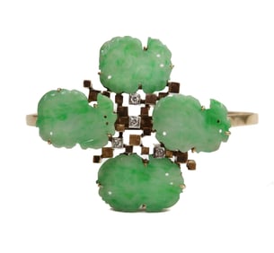 14k Yellow Gold Carved Jade and Diamond Cuff Bracelet