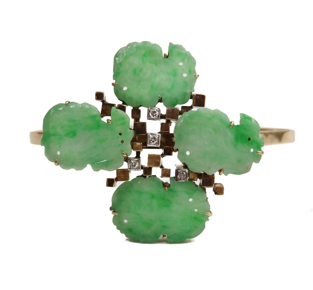 14k Yellow Gold Carved Jade and Diamond Cuff Bracelet (1 of 6)