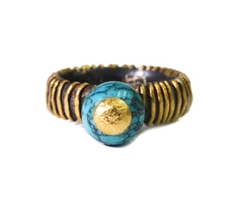 Devta Doolan 22k Yellow Gold Silver and Turquoise Ring, Size 6.5 Signed