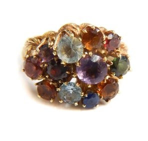 18k Yellow Gold Multi-Gem Cluster Ring, Size 7