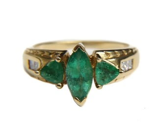 STS 14k Yellow Gold Emerald and Diamond Ring, Size 7