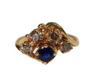 14k Yellow Gold Blue Spinel and Brown Diamond Ring, Size 4.5