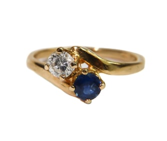 14k Yellow Gold Blue Spinel and Diamond Ring, Size 5